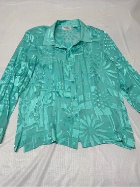 Dana Buchman Teal Sheer Patterned Button-Down Blouse